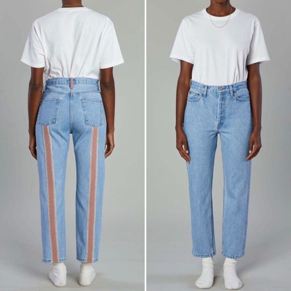 Still Here Tate Vintage Blue Dusty Wool Striped Panel Back Straight Jeans Sz 26